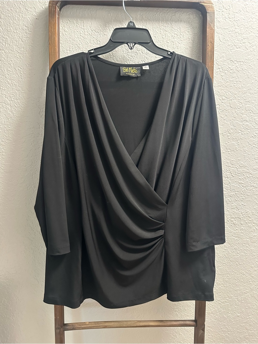 Bob Mackie Black Draped Surplice Blouse